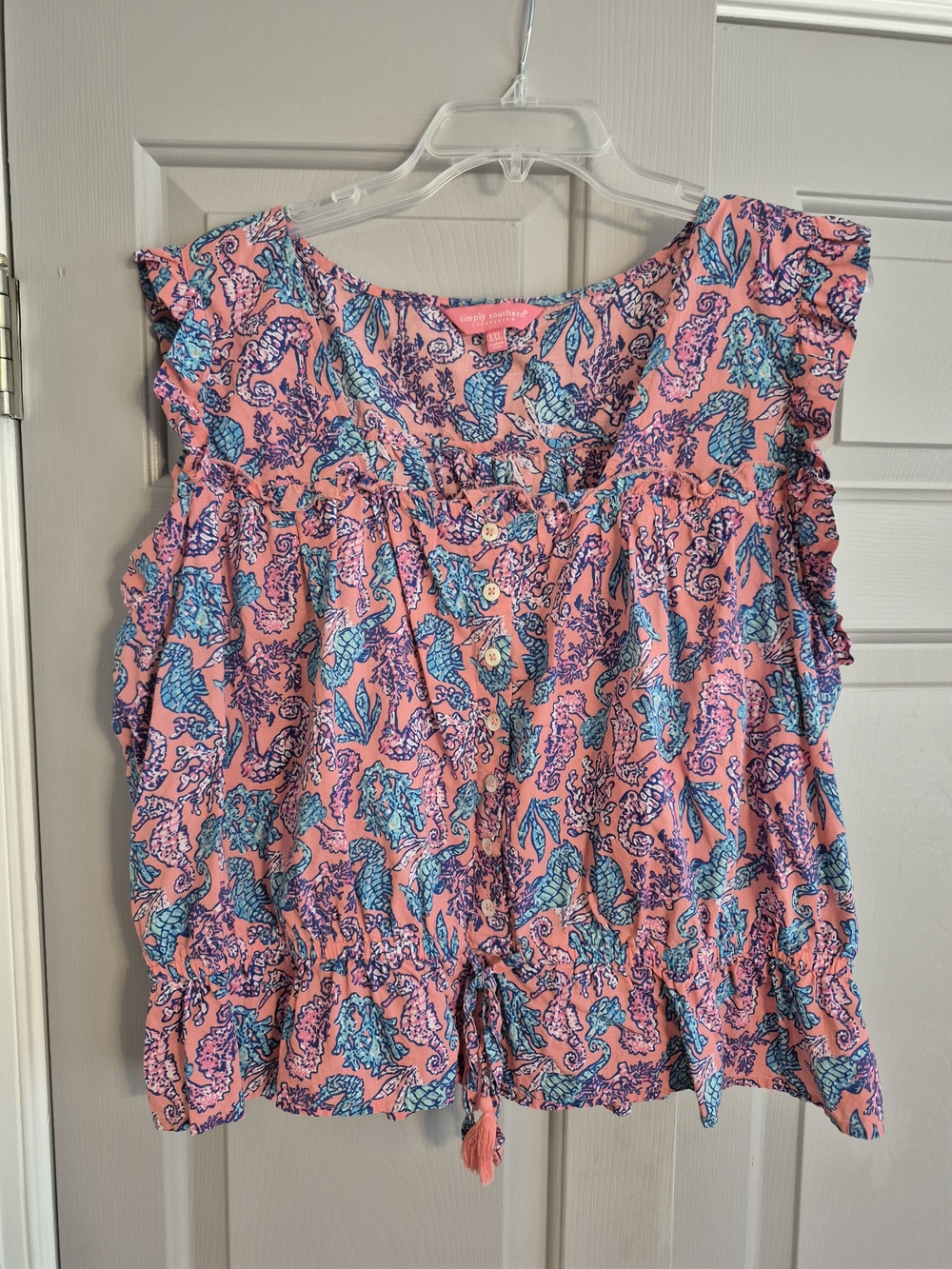 Simply Southern Pink Seahorse And Coral Print Ruffle Camisole with Blue Accents